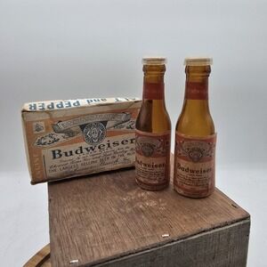 Vintage Budweiser Glass Bottle Salt & Pepper Shakers in Original Box